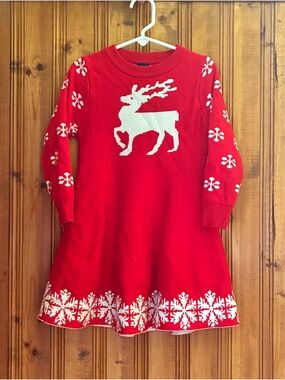 Girls' Red Reindeer Knit Holiday Dress